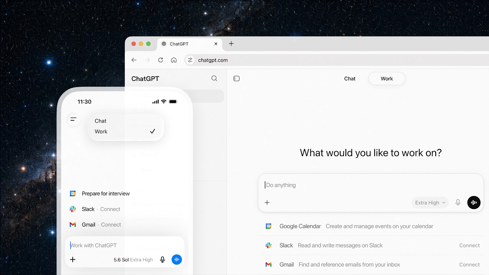 ChatGPT Work on mobile and web showing Work tab, task prompt, and connected integrations
