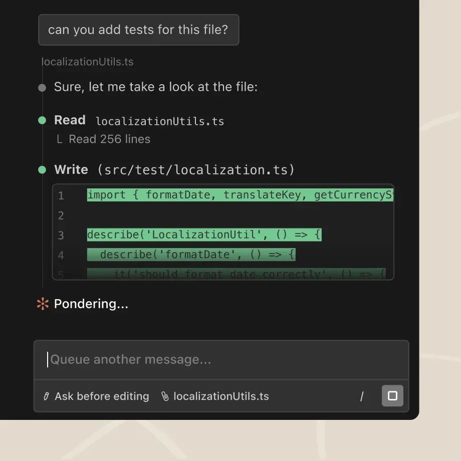 Claude Code terminal interface with Claude reading and writing a TypeScript test file