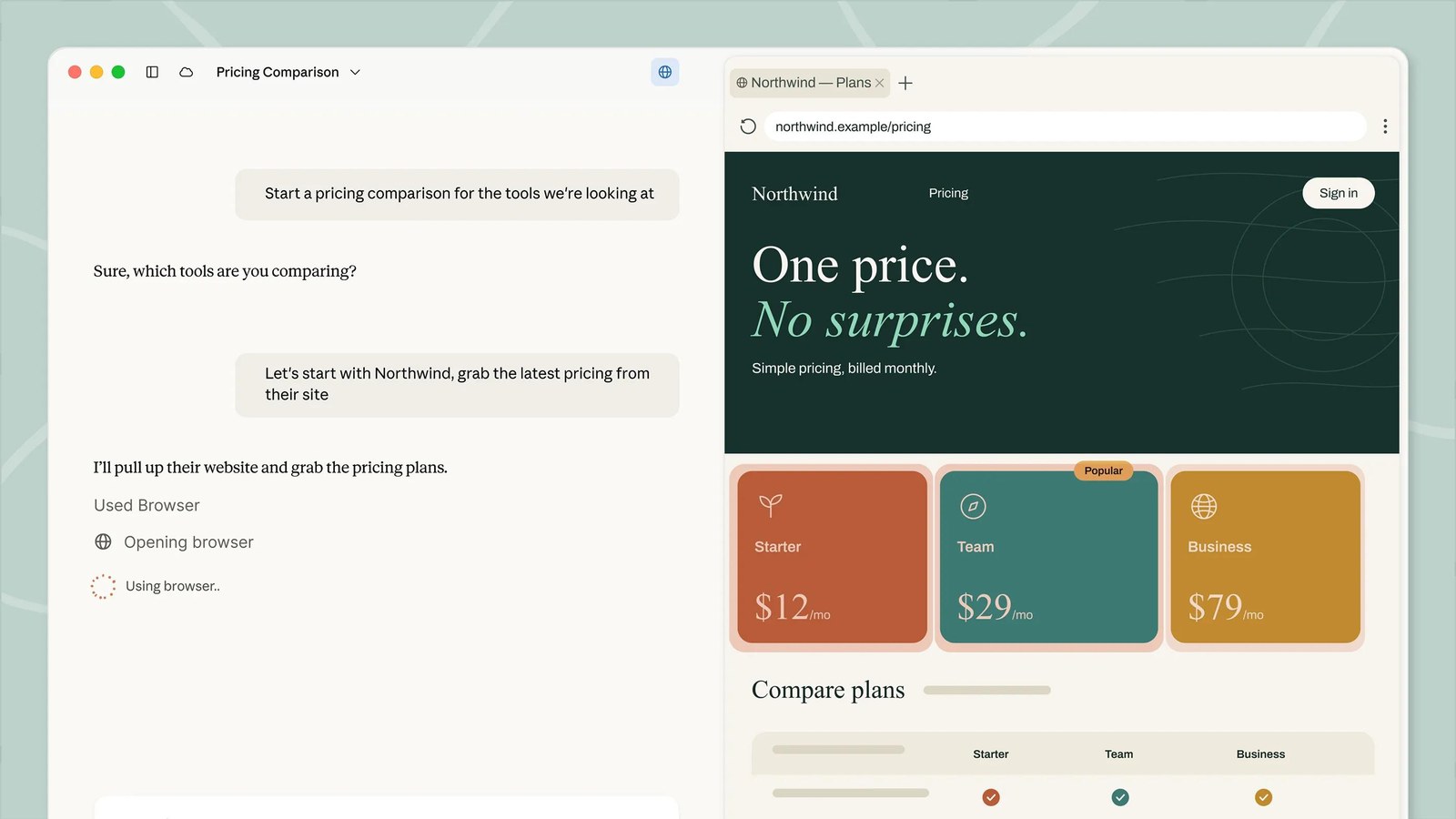 Claude Cowork interface: task chat panel on the left and built-in browser on the right