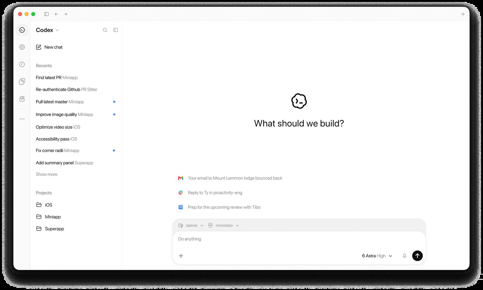 Codex desktop app with task sidebar and "What should we build?" prompt connected to a GitHub repo