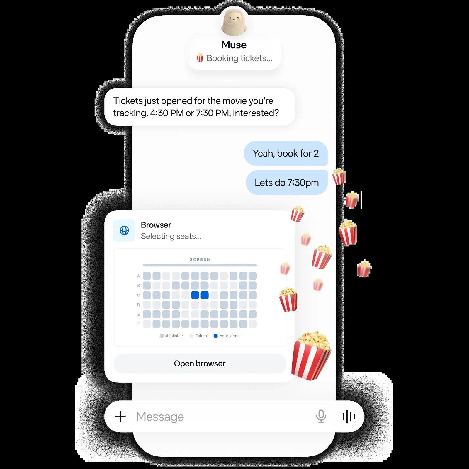 Muse chat interface showing a movie booking conversation with browser panel for seat selection