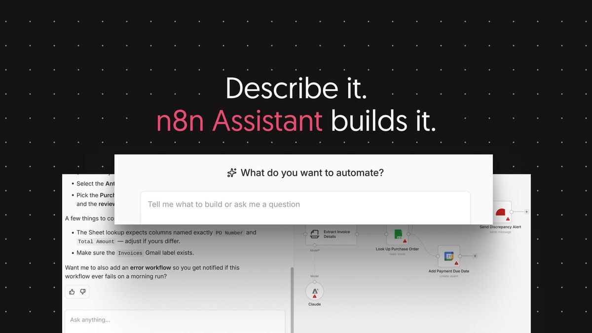 n8n workflow canvas with AI Assistant overlay showing workflow automation builder