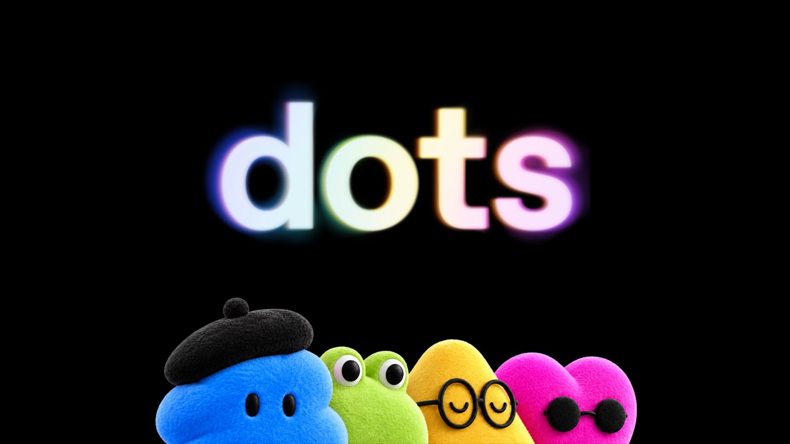 Four colorful dots characters under the product name "dots" on a black background